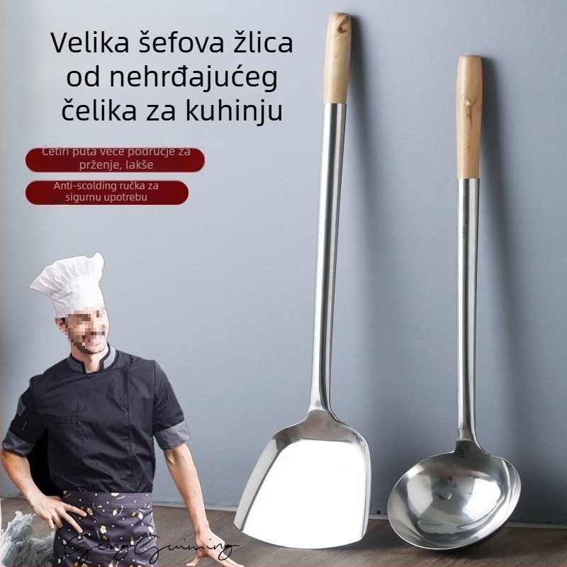 Žlica i špatula za kuhanje od 304 nehrđajućeg čelika s dugim držalom — višenamjenski kuhinjski alat za kuhanje, prženje i posluživanje