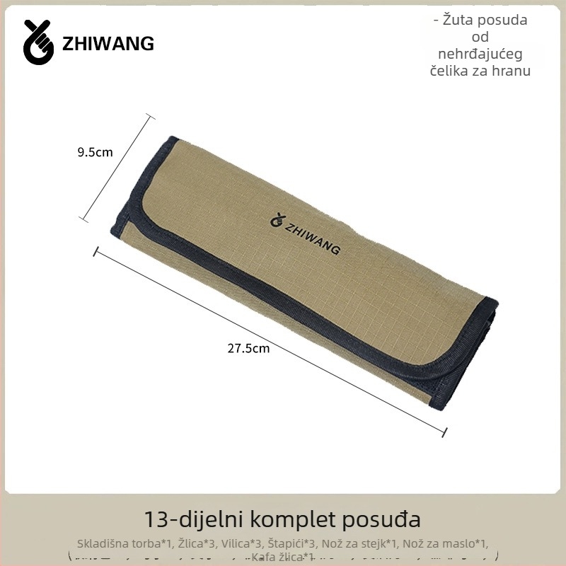 Prijenosni 14-djelni set posuđa od nehrđajućeg čelika s torbom za pohranu za kampiranje, roštilj i putovanja — nož, vilica, žlica i štapići za jelo