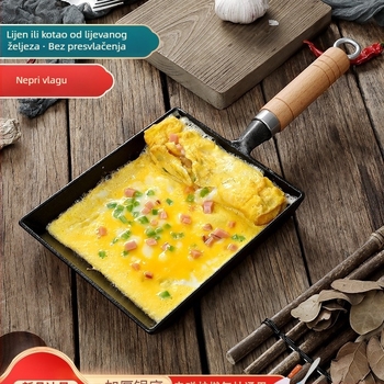 Ljevana Tamagoyaki tava, japanskog stila, četvrtastog oblika, s drvenim poklopcem, pogodna za plin i indukciju