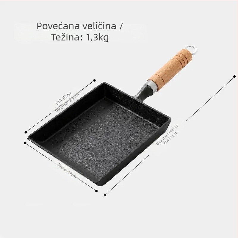 Ljevana Tamagoyaki tava, japanskog stila, četvrtastog oblika, s drvenim poklopcem, pogodna za plin i indukciju