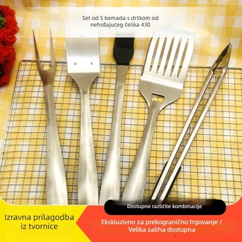SET od 5 komada nehrđajućeg čeličnog alata za roštilj na otvorenom: klip, četka, vilica, lopatica