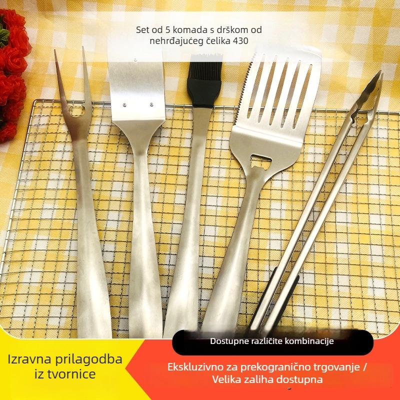 SET od 5 komada nehrđajućeg čeličnog alata za roštilj na otvorenom: klip, četka, vilica, lopatica