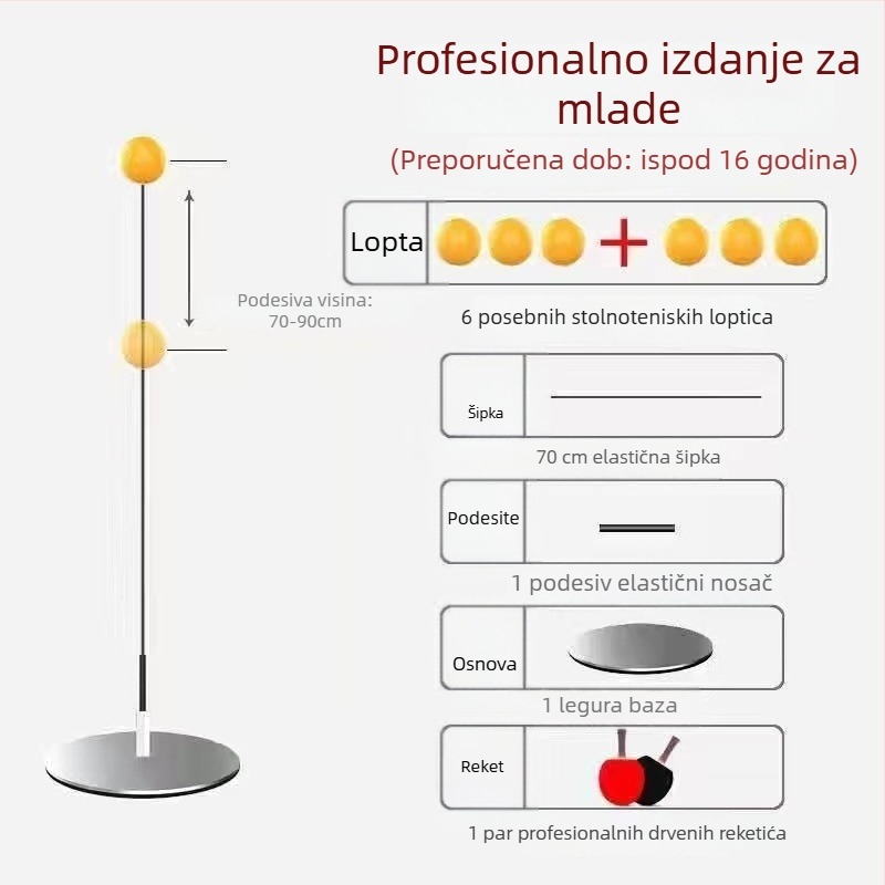 Trener za stolni tenis s mekanom osovinom i loptom za vid za solo trening, metalna baza