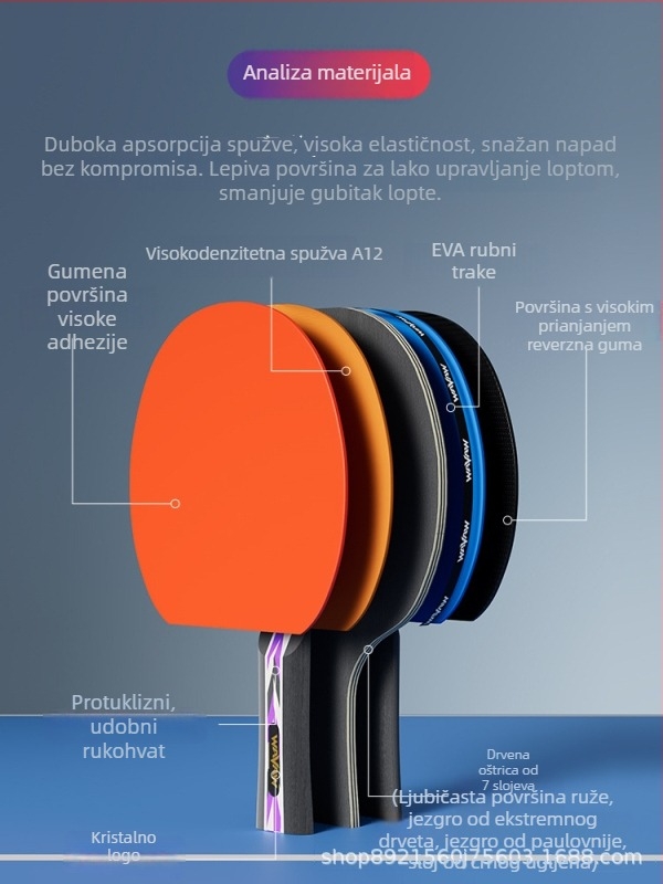 Raketa za stolni tenis WAVAW, daska od topola, guma protiv ljepila, dvostruka raketa s dugom i kratkom drškom, mogućnost tiskanja logotipa