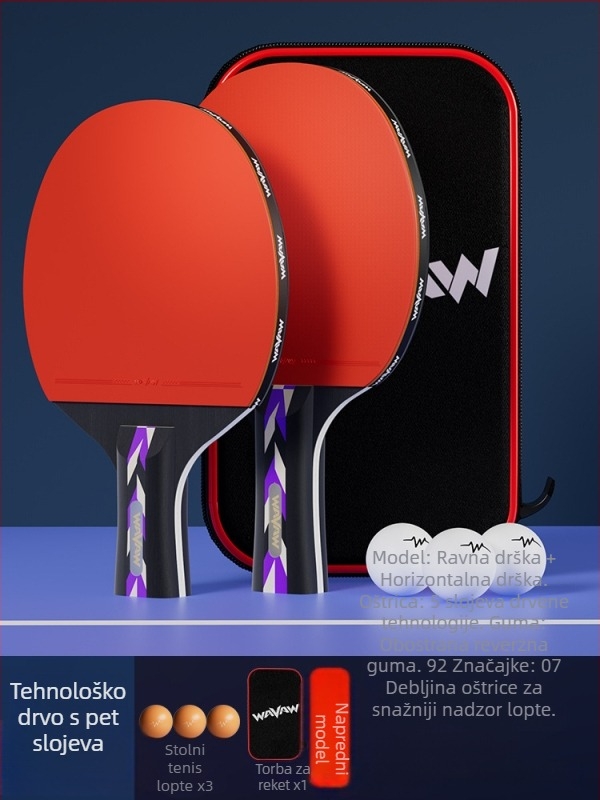 Raketa za stolni tenis WAVAW, daska od topola, guma protiv ljepila, dvostruka raketa s dugom i kratkom drškom, mogućnost tiskanja logotipa