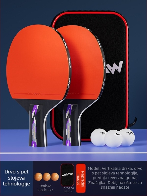 Raketa za stolni tenis WAVAW, daska od topola, guma protiv ljepila, dvostruka raketa s dugom i kratkom drškom, mogućnost tiskanja logotipa