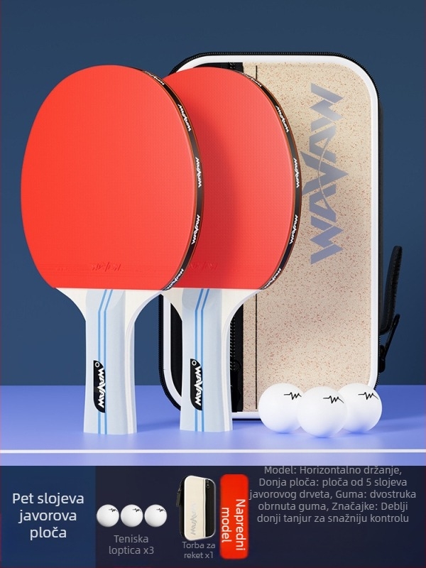 Raketa za stolni tenis WAVAW, daska od topola, guma protiv ljepila, dvostruka raketa s dugom i kratkom drškom, mogućnost tiskanja logotipa