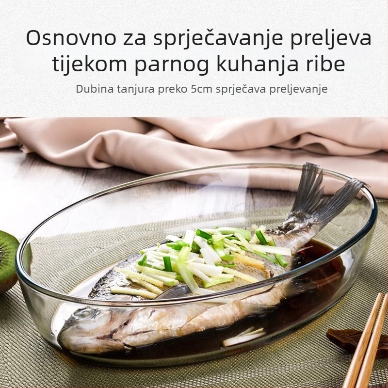 Staklena pločica za ribu na parenje, prozirni ovalni oblik, termički otporna, mogućnost ispisa logotipa i prilagodbe, nije prikladna za mikrovalnu