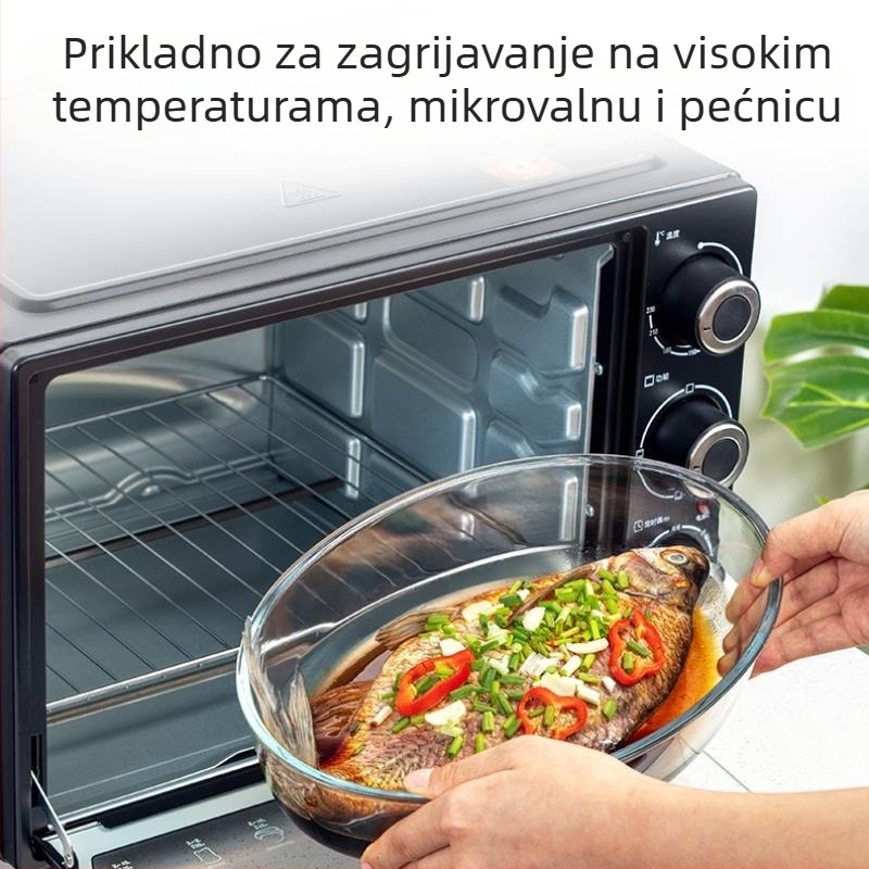 Staklena pločica za ribu na parenje, prozirni ovalni oblik, termički otporna, mogućnost ispisa logotipa i prilagodbe, nije prikladna za mikrovalnu