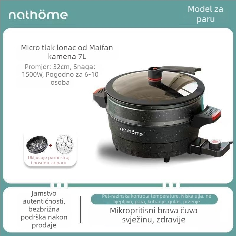 Električna višenamjenska posuda za kuhanje s neprijanjajućom površinom i staklenim poklopcem, 1400W, 220V, aluminijska legura