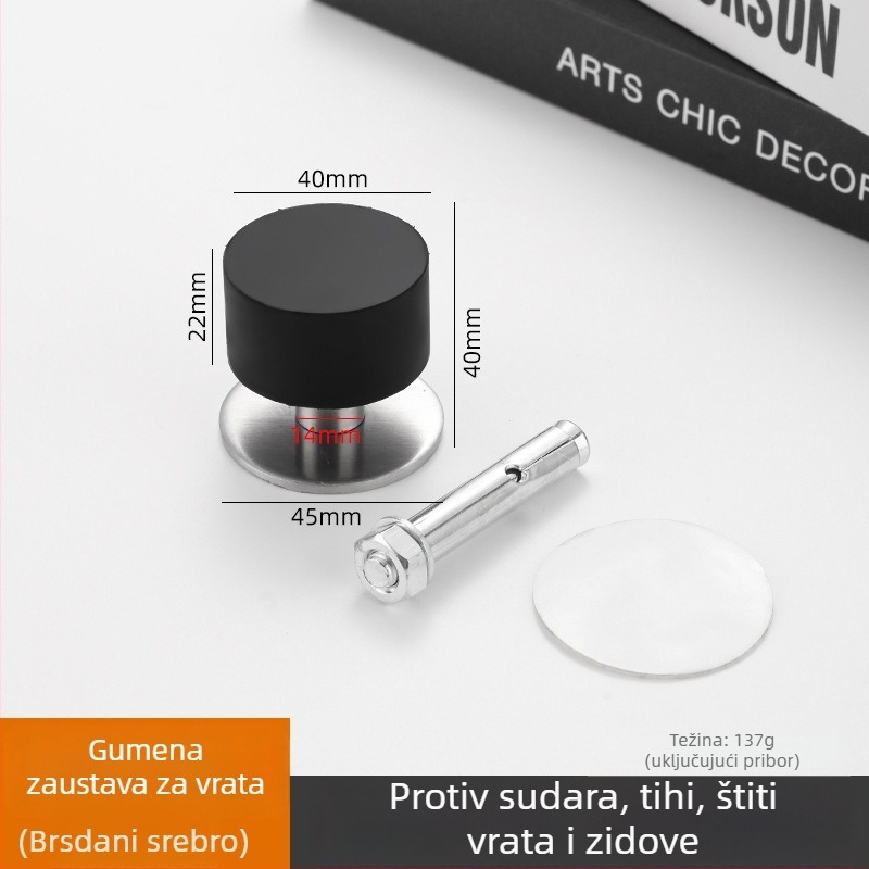 Nova nehrđajuća čelična antivandalska vrata stopper, bez bušenja, tih zidni montira, gornji vrata stopper za sobe, kupaonica i staklena vrata, gumeni vrh