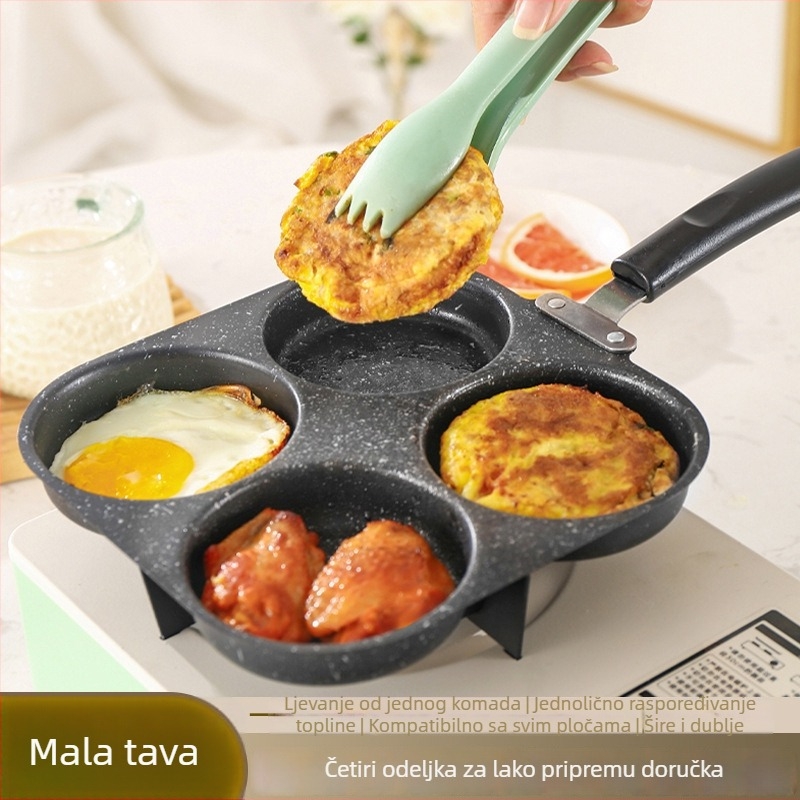 Non-stick tava s bakelitnom ručkom, višestruka forma za jaja, omletu, palačinke i burger – ravno dno (model: 2 kruga, 2 srca, kvadrat 4 kruga)