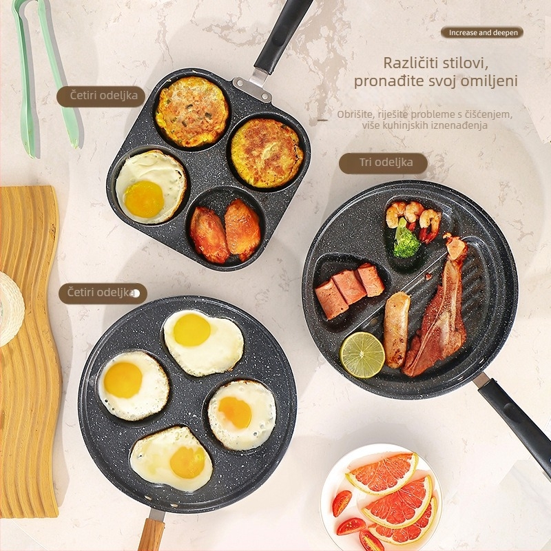 Non-stick tava s bakelitnom ručkom, višestruka forma za jaja, omletu, palačinke i burger – ravno dno (model: 2 kruga, 2 srca, kvadrat 4 kruga)