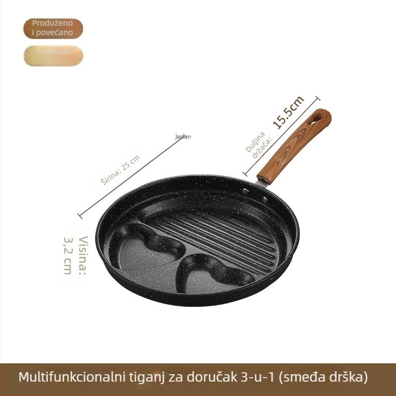 Non-stick tava s bakelitnom ručkom, višestruka forma za jaja, omletu, palačinke i burger – ravno dno (model: 2 kruga, 2 srca, kvadrat 4 kruga)