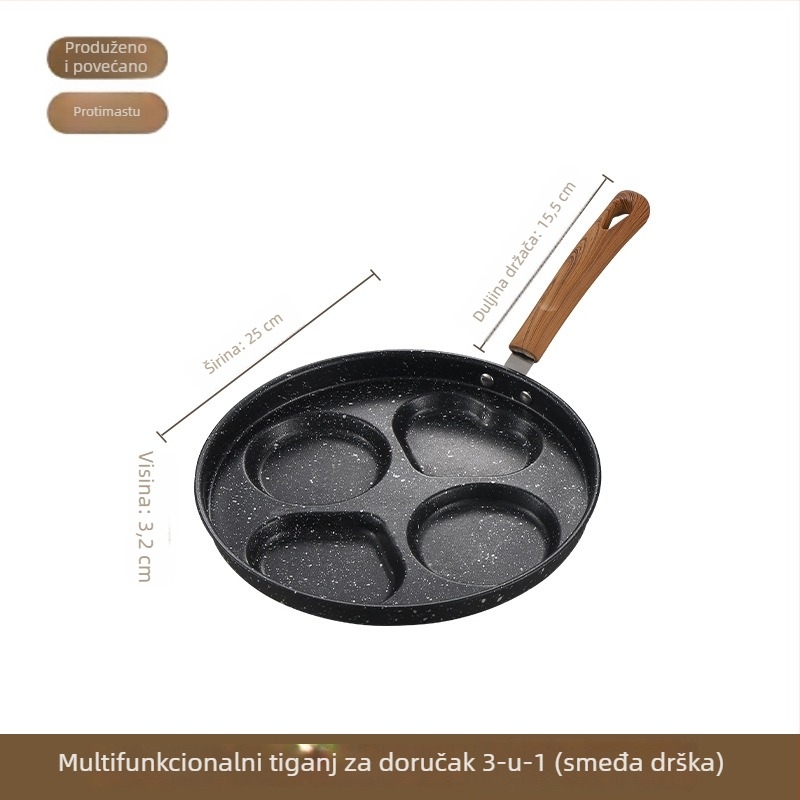 Non-stick tava s bakelitnom ručkom, višestruka forma za jaja, omletu, palačinke i burger – ravno dno (model: 2 kruga, 2 srca, kvadrat 4 kruga)