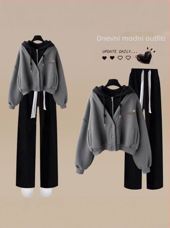 Proljetno-jesenski ležerni set s patchworkom, kapuljačom i širokim krojem hlača; casual dvodijelni set