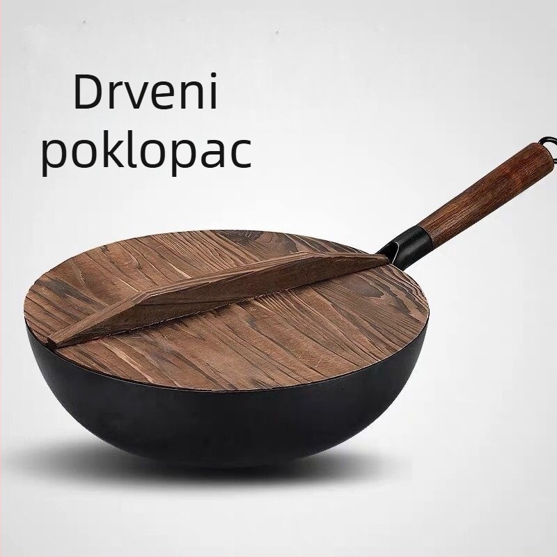 AMM-008 Wok kineskog stila od finog željeza, bez premaza, dubina 10 cm, dno s jednim dnom