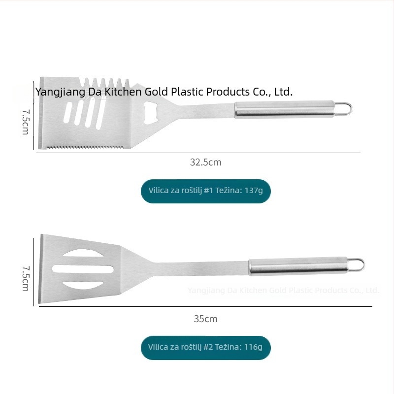Set alata za roštilj od nehrđajućeg čelika s drvenom ručkom — nož, hvataljka, četka, vilica, lopatica; moderni minimalistički stil