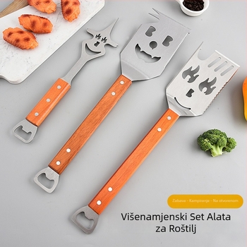 Set alata za roštilj od nehrđajućeg čelika s drvenim ručkama – 3 komada: vilica, špatula i kliješta