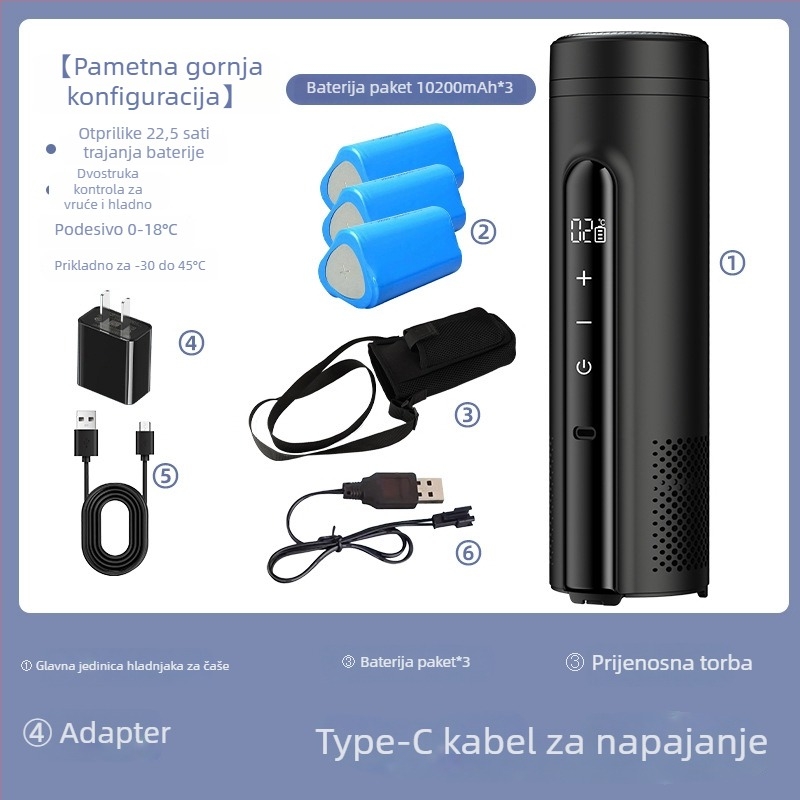 Termoelektrični automobilni hladnjak, prijenosni i punjivi (zapremina do 5 L, snaga 10W, hlađenje do 2°C, grijanje do 18°C)