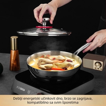 Wok od nehrđajućeg čelika s staklenim poklopcem, bez premaza, trostruko dno, kompatibilan sa svim štednjacima