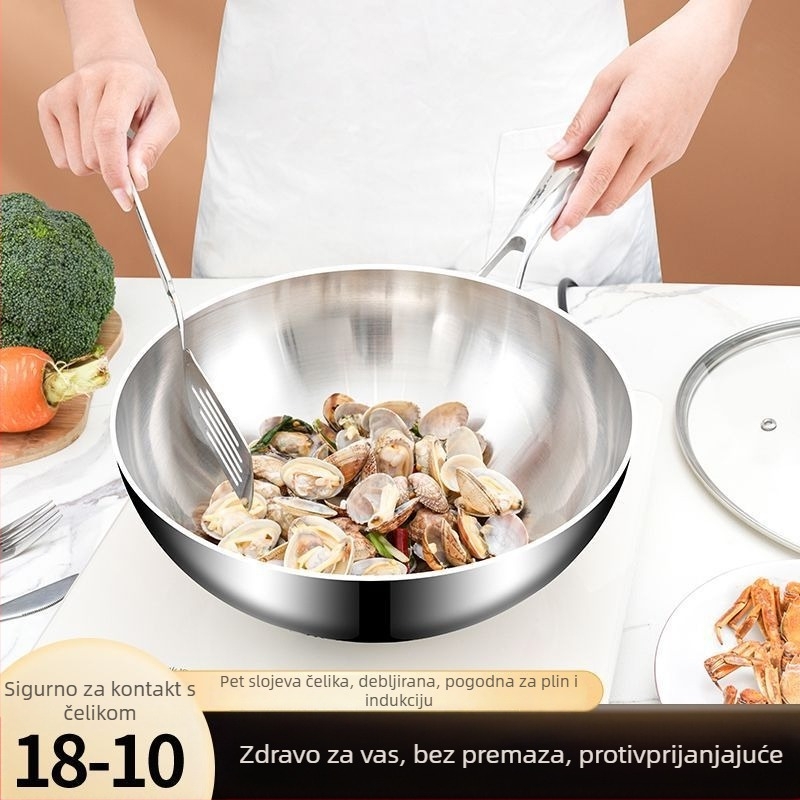 Wok od nehrđajućeg čelika s staklenim poklopcem, bez premaza, trostruko dno, kompatibilan sa svim štednjacima