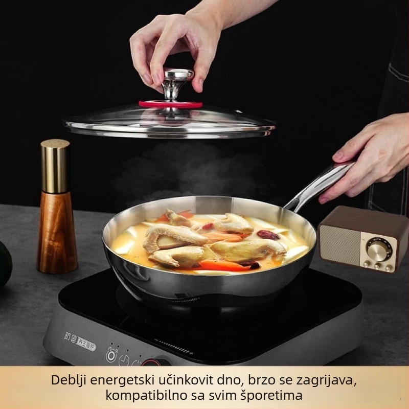 Wok od nehrđajućeg čelika s staklenim poklopcem, bez premaza, trostruko dno, kompatibilan sa svim štednjacima
