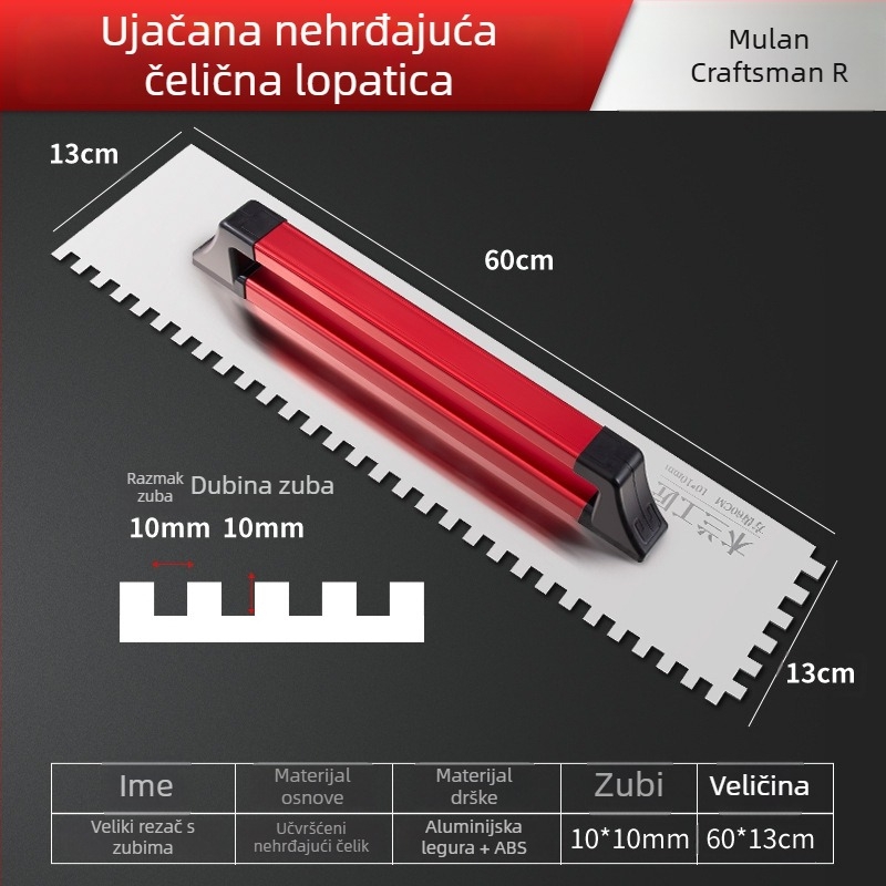 Nazubljena špatula od nehrđajućeg čelika s žljebom i kvadratičnim zubima za postavljanje pločica