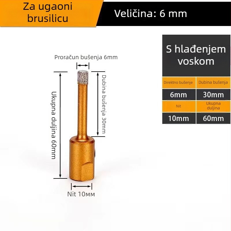 Bušilica za otvor za kutnu brusilicu – suho bušenje, višenamjenska, za mramor, vitrificirane cigle, kamen, granit i pločice; okrugla; Materijal: Brazing