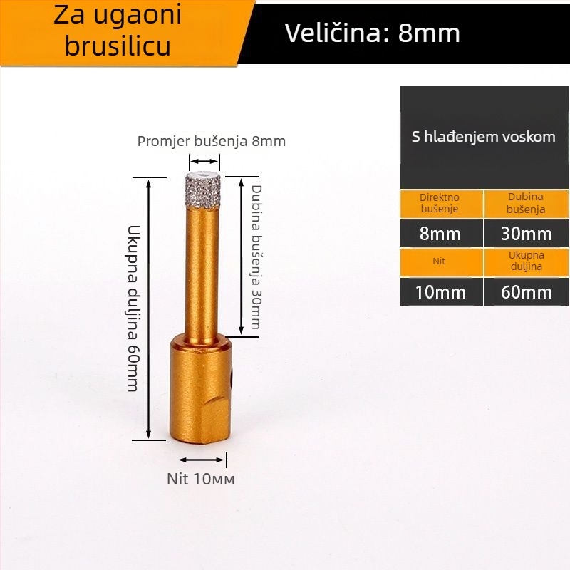 Bušilica za otvor za kutnu brusilicu – suho bušenje, višenamjenska, za mramor, vitrificirane cigle, kamen, granit i pločice; okrugla; Materijal: Brazing