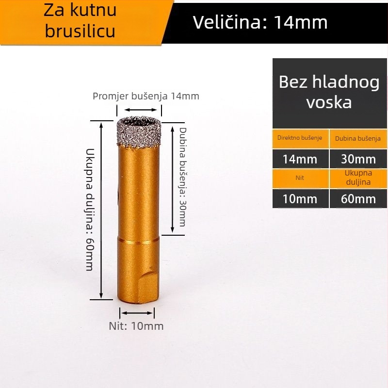 Bušilica za otvor za kutnu brusilicu – suho bušenje, višenamjenska, za mramor, vitrificirane cigle, kamen, granit i pločice; okrugla; Materijal: Brazing
