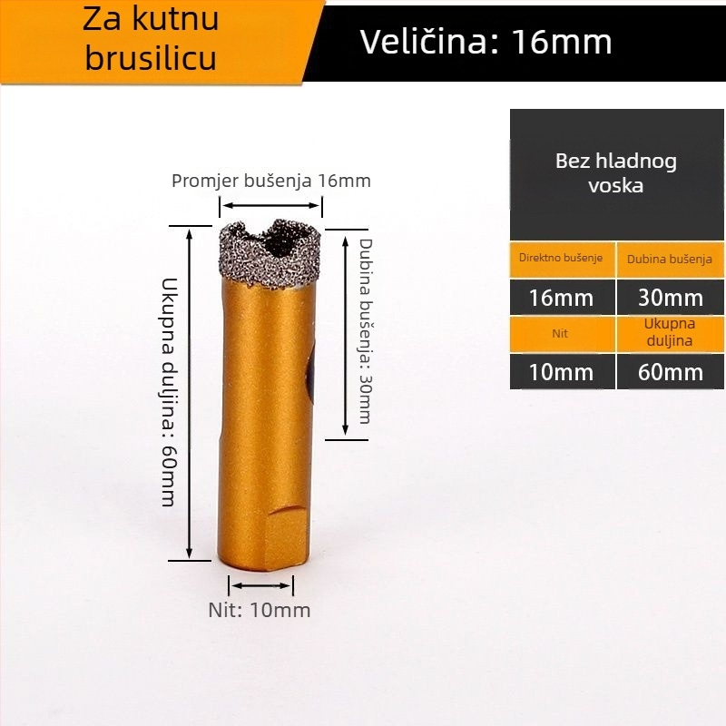 Bušilica za otvor za kutnu brusilicu – suho bušenje, višenamjenska, za mramor, vitrificirane cigle, kamen, granit i pločice; okrugla; Materijal: Brazing