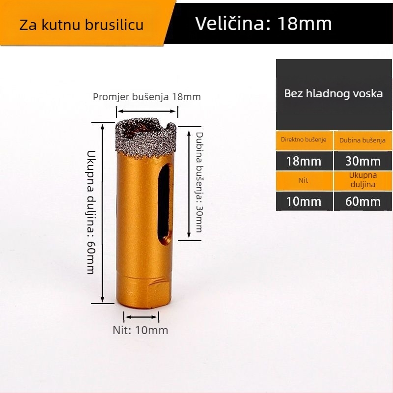 Bušilica za otvor za kutnu brusilicu – suho bušenje, višenamjenska, za mramor, vitrificirane cigle, kamen, granit i pločice; okrugla; Materijal: Brazing