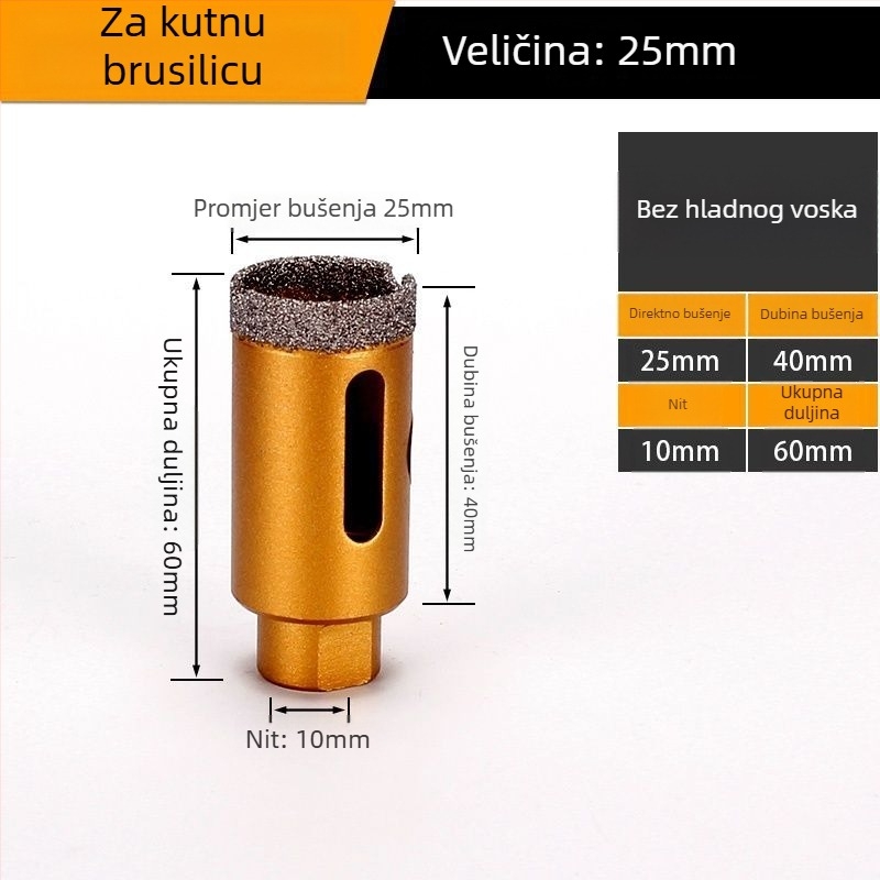 Bušilica za otvor za kutnu brusilicu – suho bušenje, višenamjenska, za mramor, vitrificirane cigle, kamen, granit i pločice; okrugla; Materijal: Brazing