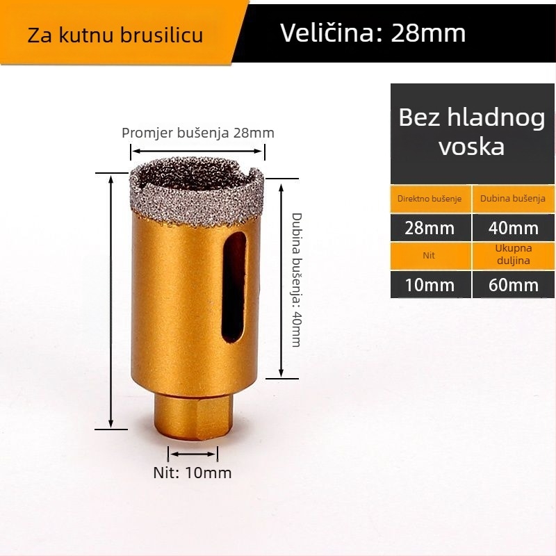 Bušilica za otvor za kutnu brusilicu – suho bušenje, višenamjenska, za mramor, vitrificirane cigle, kamen, granit i pločice; okrugla; Materijal: Brazing