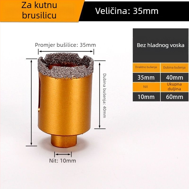 Bušilica za otvor za kutnu brusilicu – suho bušenje, višenamjenska, za mramor, vitrificirane cigle, kamen, granit i pločice; okrugla; Materijal: Brazing