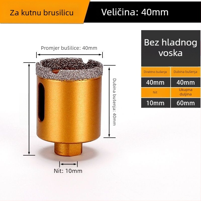 Bušilica za otvor za kutnu brusilicu – suho bušenje, višenamjenska, za mramor, vitrificirane cigle, kamen, granit i pločice; okrugla; Materijal: Brazing