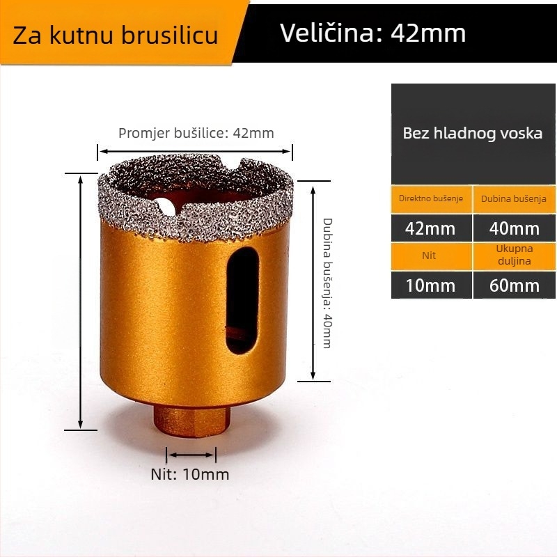 Bušilica za otvor za kutnu brusilicu – suho bušenje, višenamjenska, za mramor, vitrificirane cigle, kamen, granit i pločice; okrugla; Materijal: Brazing