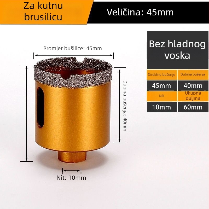 Bušilica za otvor za kutnu brusilicu – suho bušenje, višenamjenska, za mramor, vitrificirane cigle, kamen, granit i pločice; okrugla; Materijal: Brazing