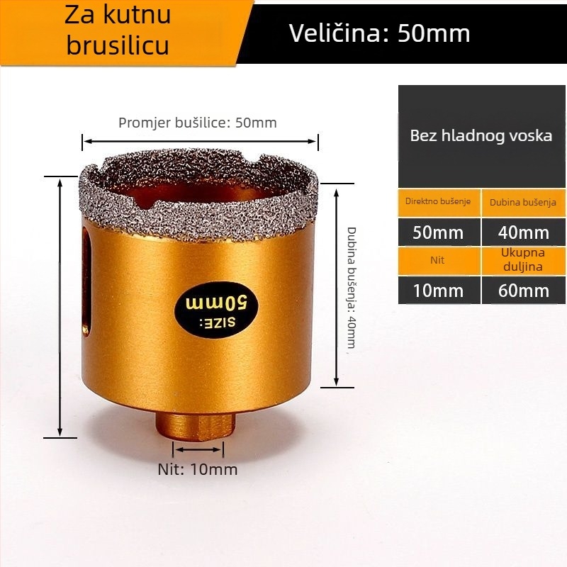 Bušilica za otvor za kutnu brusilicu – suho bušenje, višenamjenska, za mramor, vitrificirane cigle, kamen, granit i pločice; okrugla; Materijal: Brazing