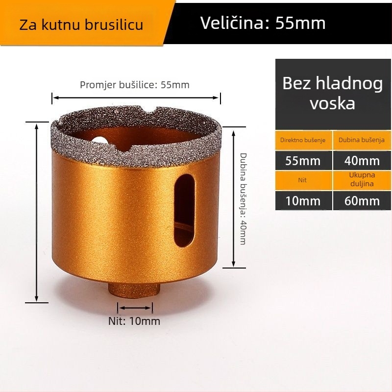 Bušilica za otvor za kutnu brusilicu – suho bušenje, višenamjenska, za mramor, vitrificirane cigle, kamen, granit i pločice; okrugla; Materijal: Brazing