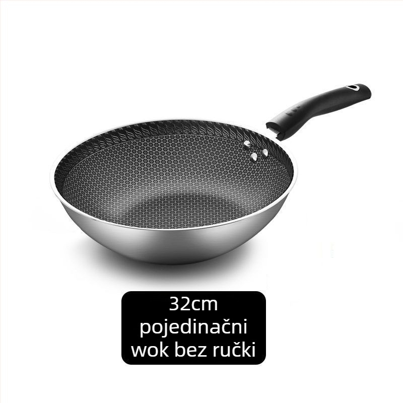 Wok od 304 nehrđajućeg čelika, bez premazivanja, ravno dno, staklena poklopac, kompatibilan s općim plinskim pločama