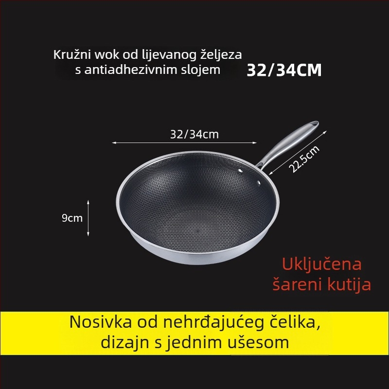 Wok od nehrđajućeg čelika, 400 serija, jednostrano dno, dubina 9 cm, stakleni poklopac