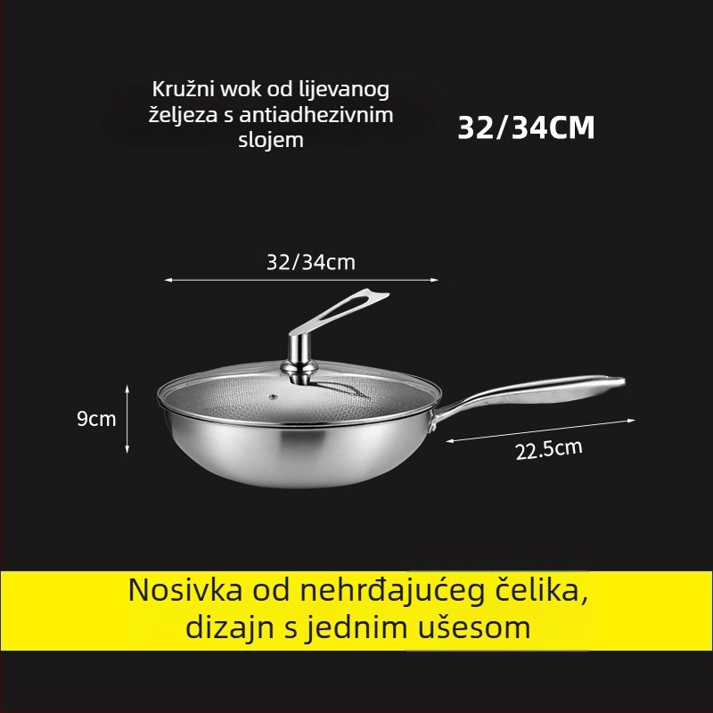 Wok od nehrđajućeg čelika, 400 serija, jednostrano dno, dubina 9 cm, stakleni poklopac