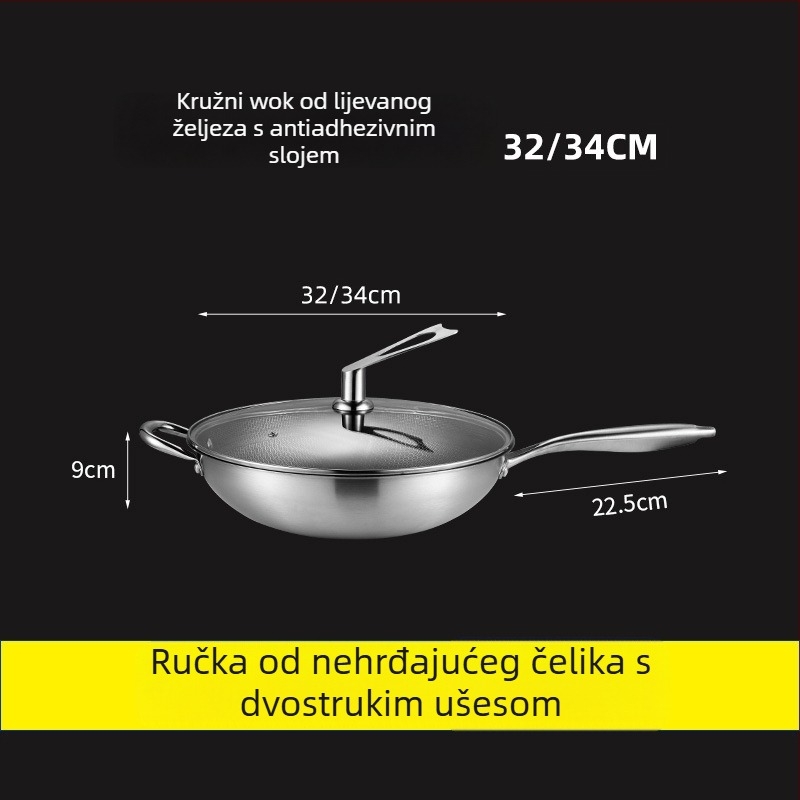 Wok od nehrđajućeg čelika, 400 serija, jednostrano dno, dubina 9 cm, stakleni poklopac
