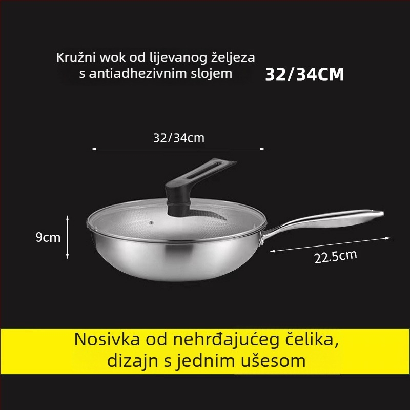 Wok od nehrđajućeg čelika, 400 serija, jednostrano dno, dubina 9 cm, stakleni poklopac