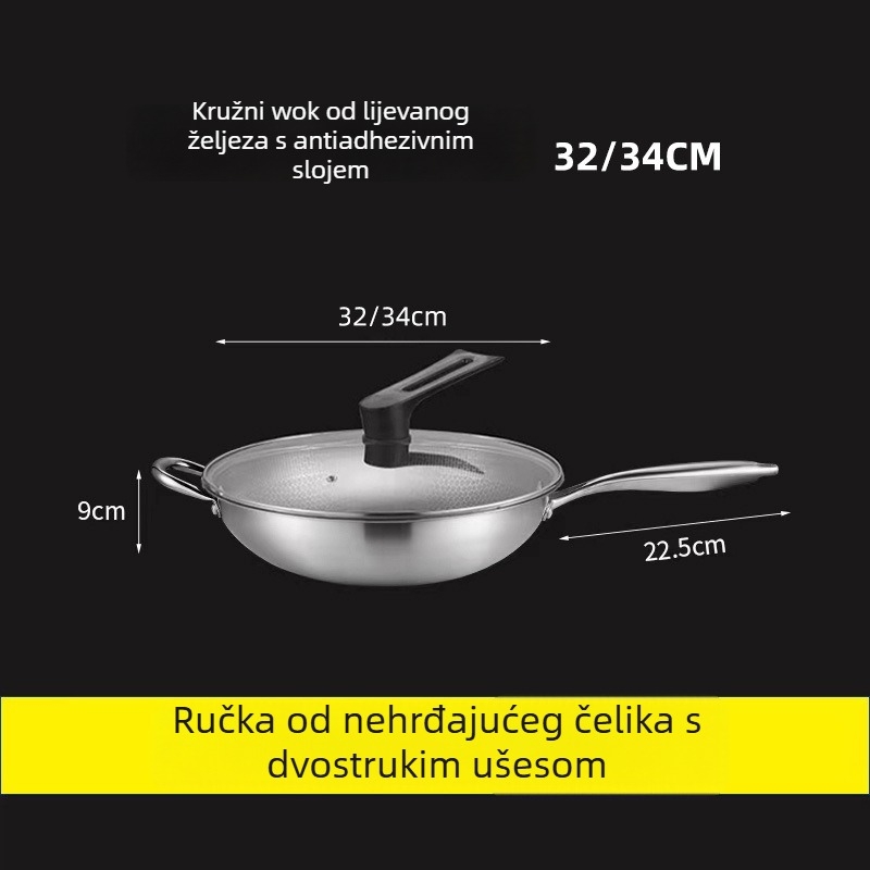Wok od nehrđajućeg čelika, 400 serija, jednostrano dno, dubina 9 cm, stakleni poklopac