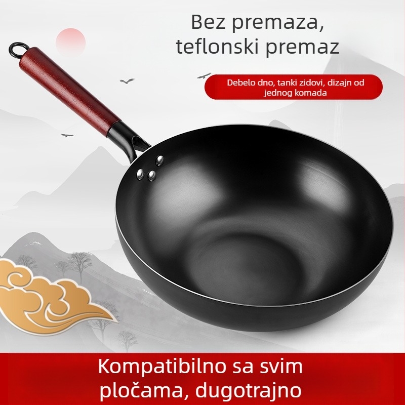 Wok od rafiniranog željeza, kompatibilan s indukcijskom pločom, dubina 9,4 cm, dno s jednim slojem, otporan na hrđu