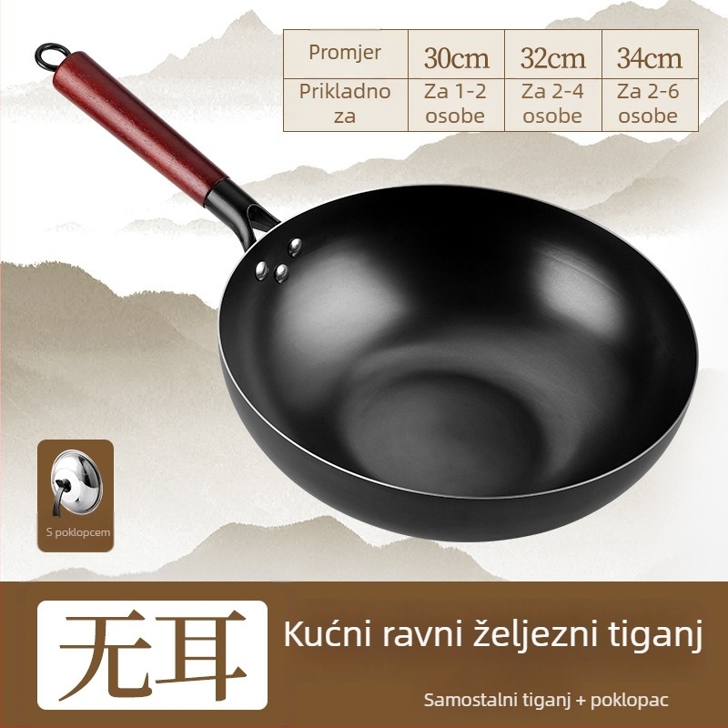 Wok od rafiniranog željeza, kompatibilan s indukcijskom pločom, dubina 9,4 cm, dno s jednim slojem, otporan na hrđu