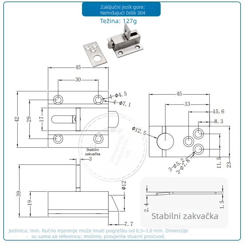 Ts1010 Čvrsti nehrđajući čelični avionski zasun za vrata i prozore, automatska blokada s boltom, brušeni završetak, 201/304/316 SS, povlačna kuka